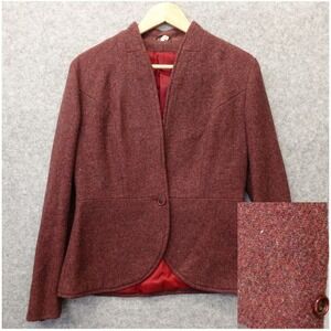 Vintage‎ 70s Burgundy Tweed Blazer Womens XS Fitted Jacket Plain Twill Flecked